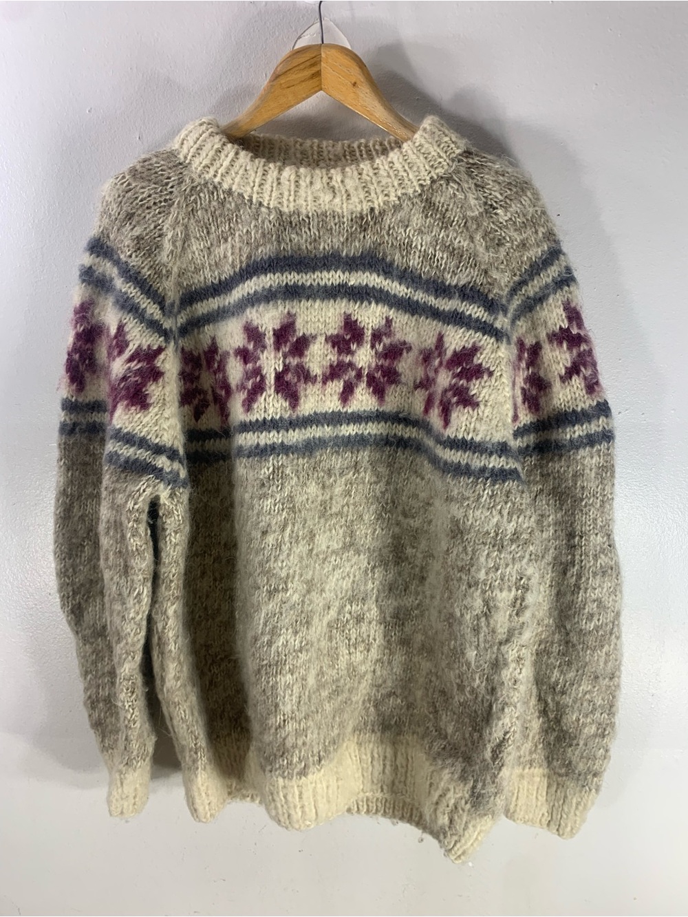 Vintage Wool Nordic Fair Isle Knit Sweater – Gray, Cream & Burgundy